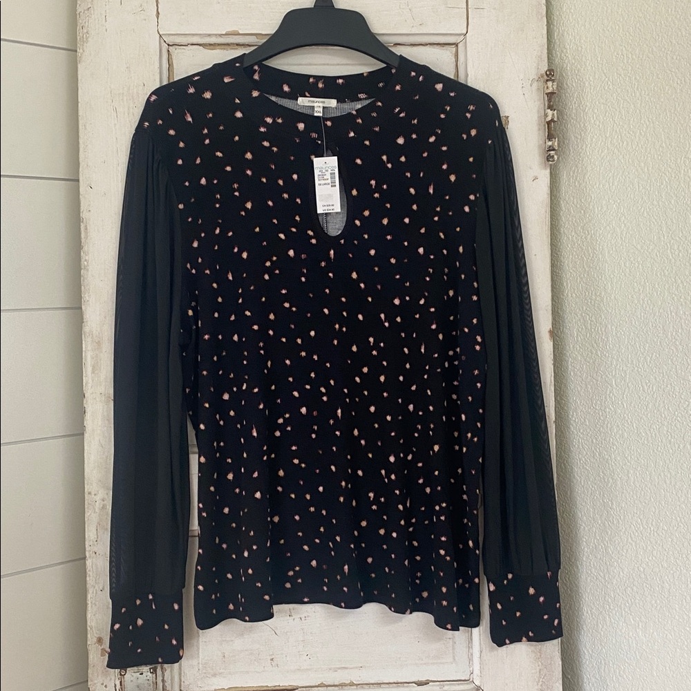 Black and Pink Patterned Blouse w/sheer long sleeves. Size XX-large
